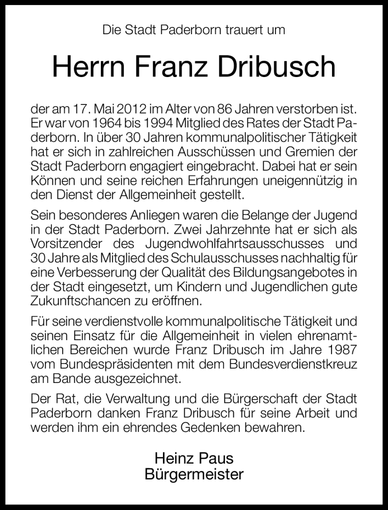  Traueranzeige für Franz Dribusch vom 24.05.2012 aus Neue Westfälische