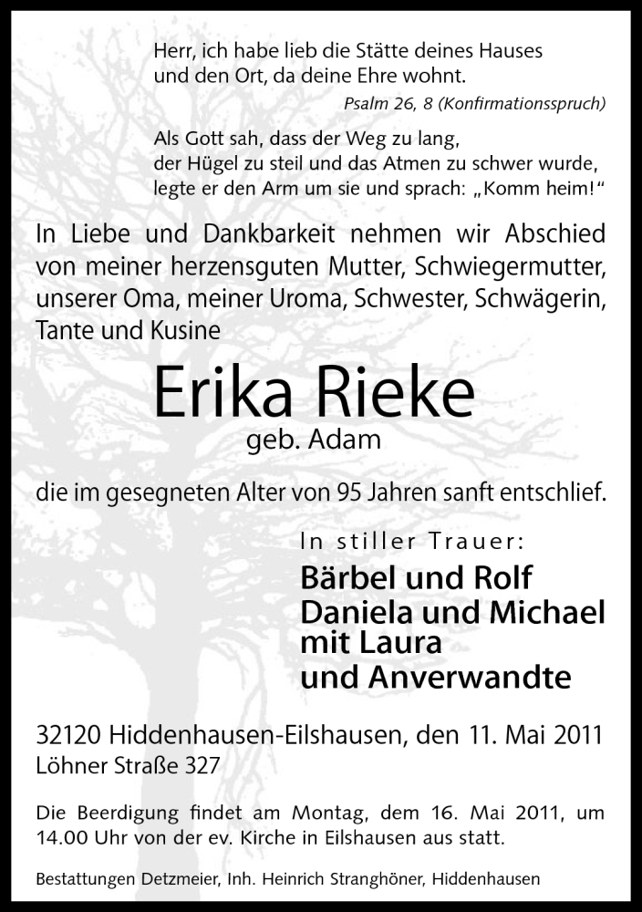  Traueranzeige für Erika Rieke vom 12.05.2011 aus Neue Westfälische