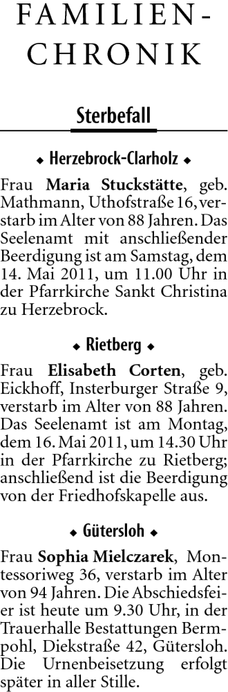  Traueranzeige für Maria Stuckstätte vom 13.05.2011 aus Neue Westfälische