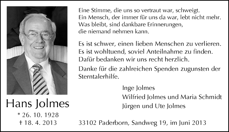  Traueranzeige für Hans Jolmes vom 08.06.2013 aus Neue Westfälische