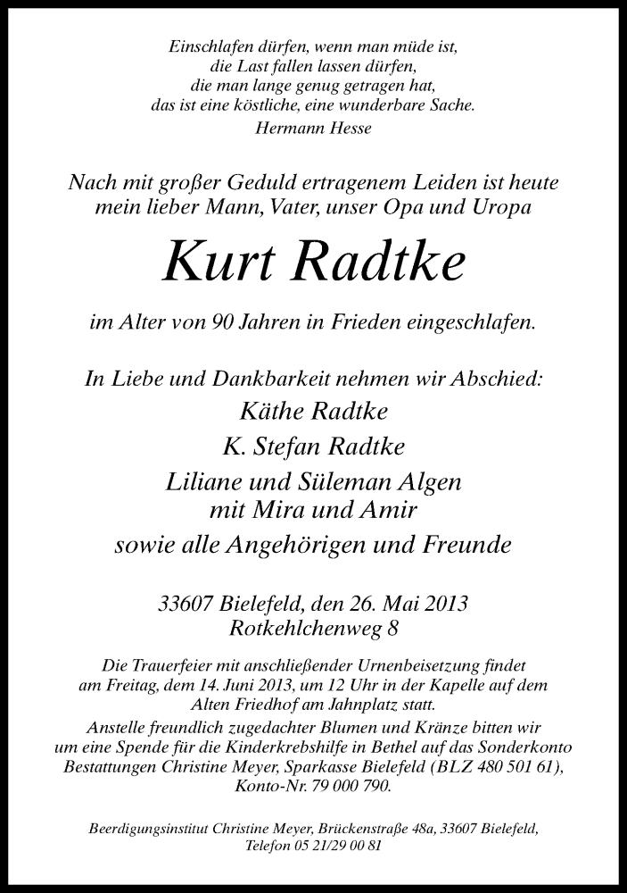  Traueranzeige für Kurt Radtke vom 10.06.2013 aus Neue Westfälische