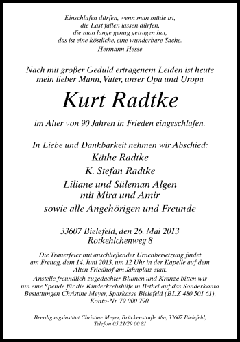 Traueranzeige von Kurt Radtke von Neue Westfälische