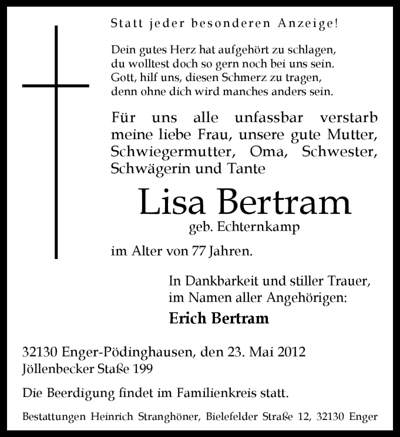  Traueranzeige für Lisa Bertram vom 25.05.2012 aus Neue Westfälische