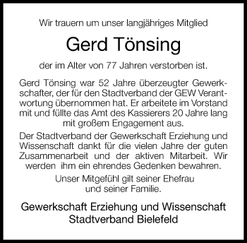 Traueranzeige von Gerd Tönsing von Neue Westfälische