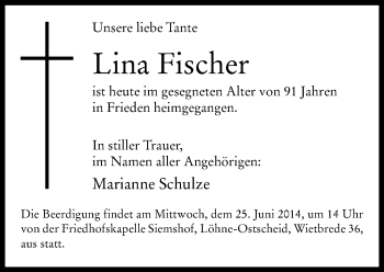 Traueranzeige von Lina  Fischer von Neue Westfälische