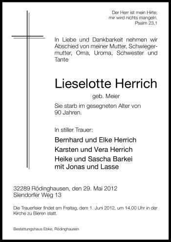 Traueranzeige von Lieselotte Herrich von Neue Westfälische