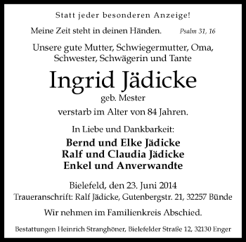 Traueranzeige von Ingrid Jädicke von Neue Westfälische