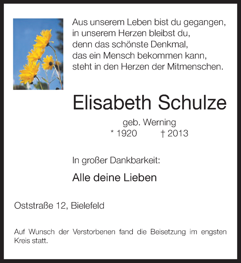  Traueranzeige für Elisabeth Schulze vom 22.06.2013 aus Neue Westfälische