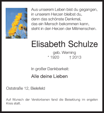 Traueranzeige von Elisabeth Schulze von Neue Westfälische