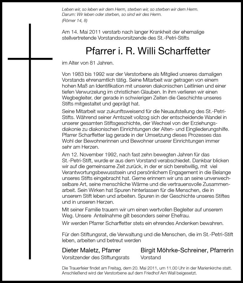  Traueranzeige für Willi Scharffetter vom 20.05.2011 aus Neue Westfälische