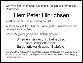 Traueranzeige von Peter Hinrichsen von Neue Westfälische