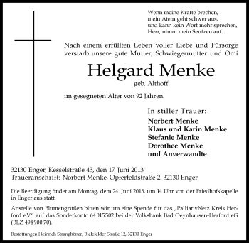Traueranzeige von Helgard Menke von Neue Westfälische