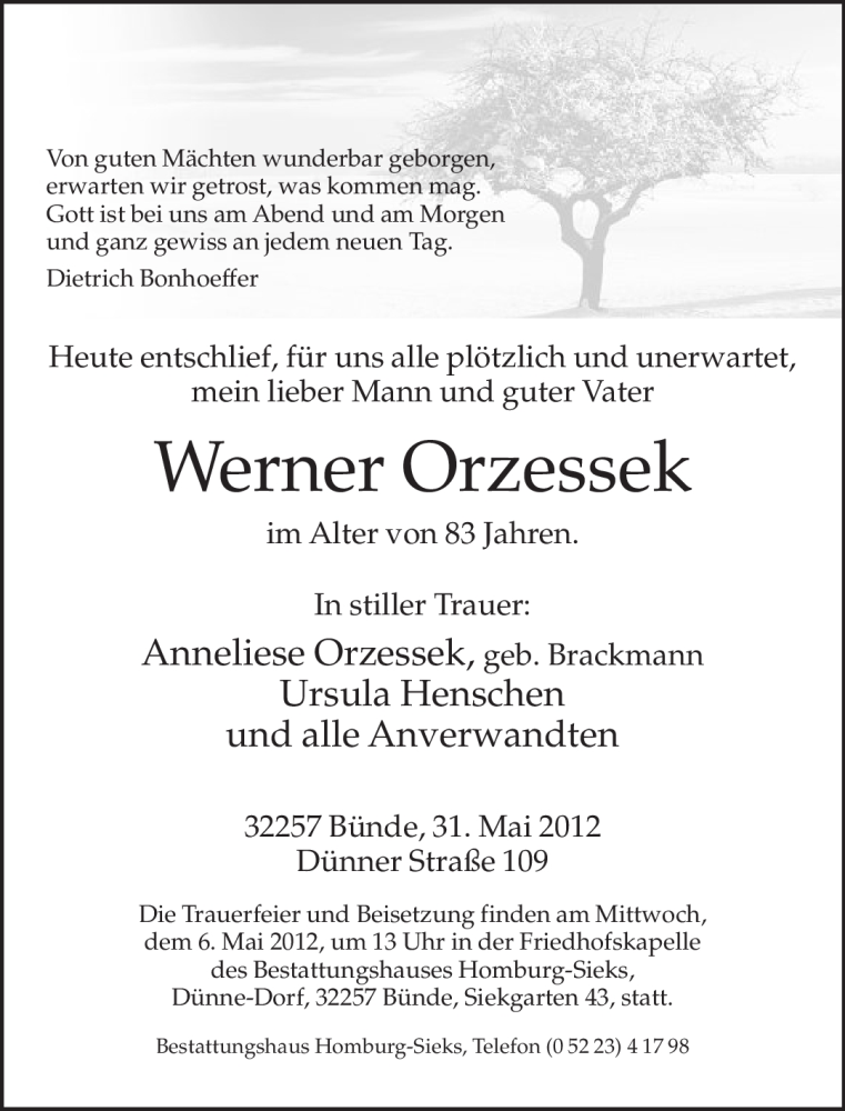  Traueranzeige für Werner Orzessek vom 02.06.2012 aus Neue Westfälische