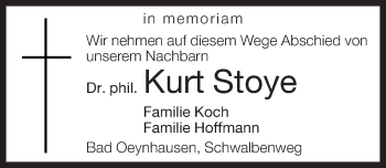Traueranzeige von Kurt Stoye von Neue Westfälische