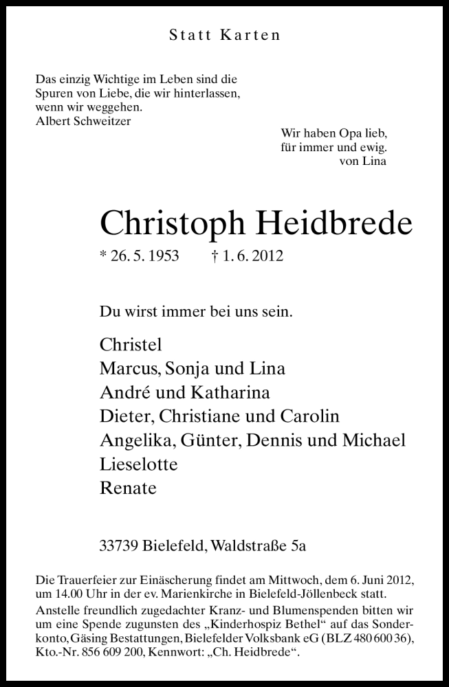  Traueranzeige für Christoph Heidbrede vom 04.06.2012 aus Neue Westfälische