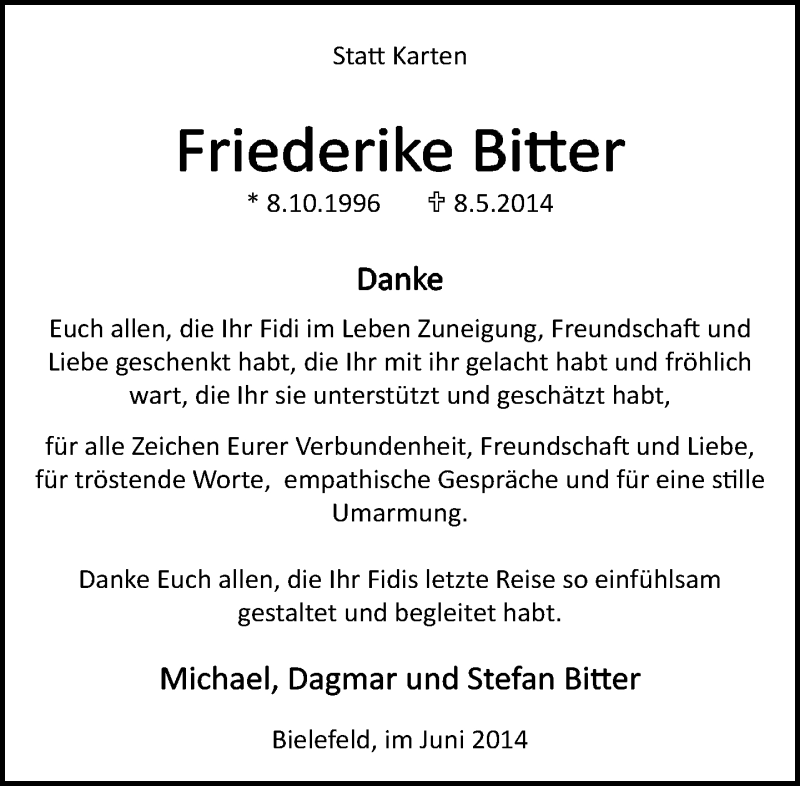  Traueranzeige für Friederike Bitter vom 28.06.2014 aus Neue Westfälische