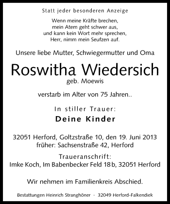Traueranzeige von Roswitha Wiedersich von Neue Westfälische
