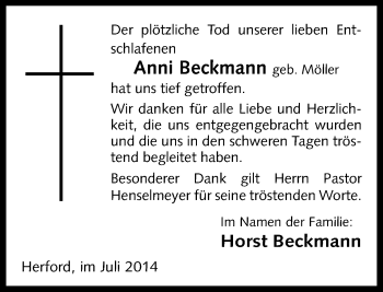 Traueranzeige von Anni Beckmann von Neue Westfälische
