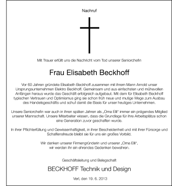 Traueranzeige von Elisabeth Beckhoff von Neue Westfälische