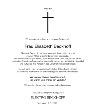 Traueranzeige von Elisabeth Beckhoff von Neue Westfälische