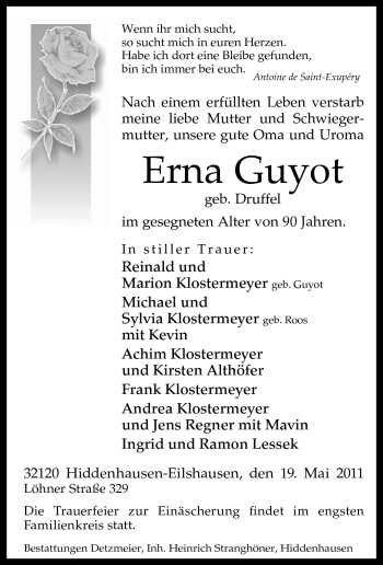 Traueranzeige von Erna Guyot von Neue Westfälische