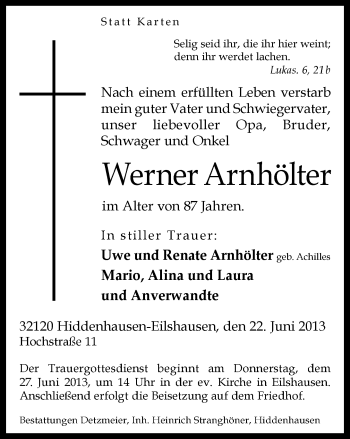 Traueranzeige von Werner Arnhölter von Neue Westfälische