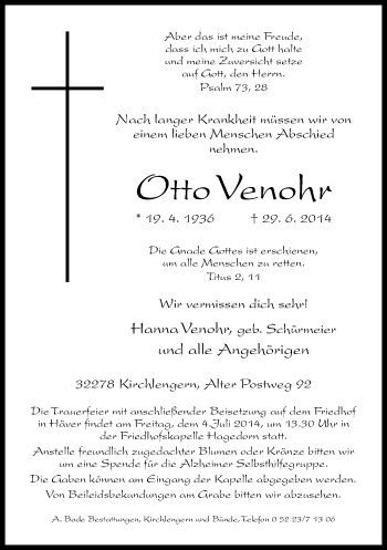 Traueranzeige von Otto  Venohr von Neue Westfälische