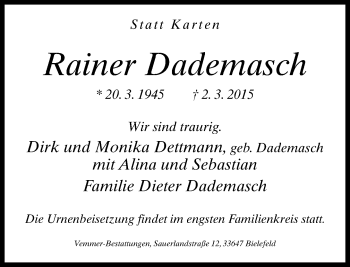 Traueranzeige von Rainer Dademasch von Neue Westfälische