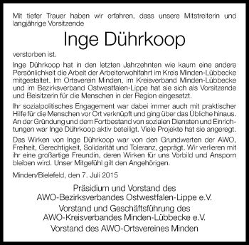 Traueranzeige von Inge Dührkoop von Neue Westfälische