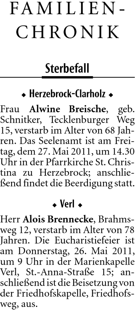  Traueranzeige für Alwine Breische vom 25.05.2011 aus Neue Westfälische