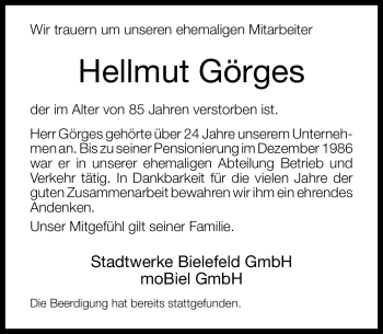 Traueranzeige von Hellmut Görges von Neue Westfälische