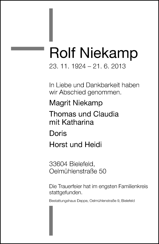  Traueranzeige für Rolf Niekamp vom 29.06.2013 aus Neue Westfälische