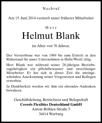 Traueranzeige von Helmut Blank von Neue Westfälische