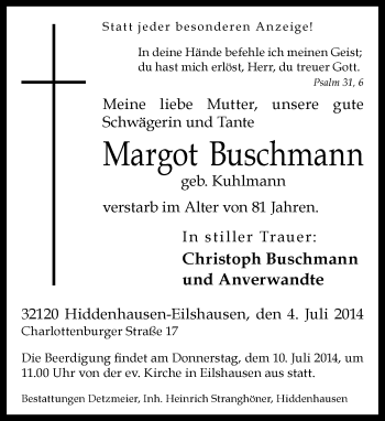 Traueranzeige von Margot Buschmann von Neue Westfälische