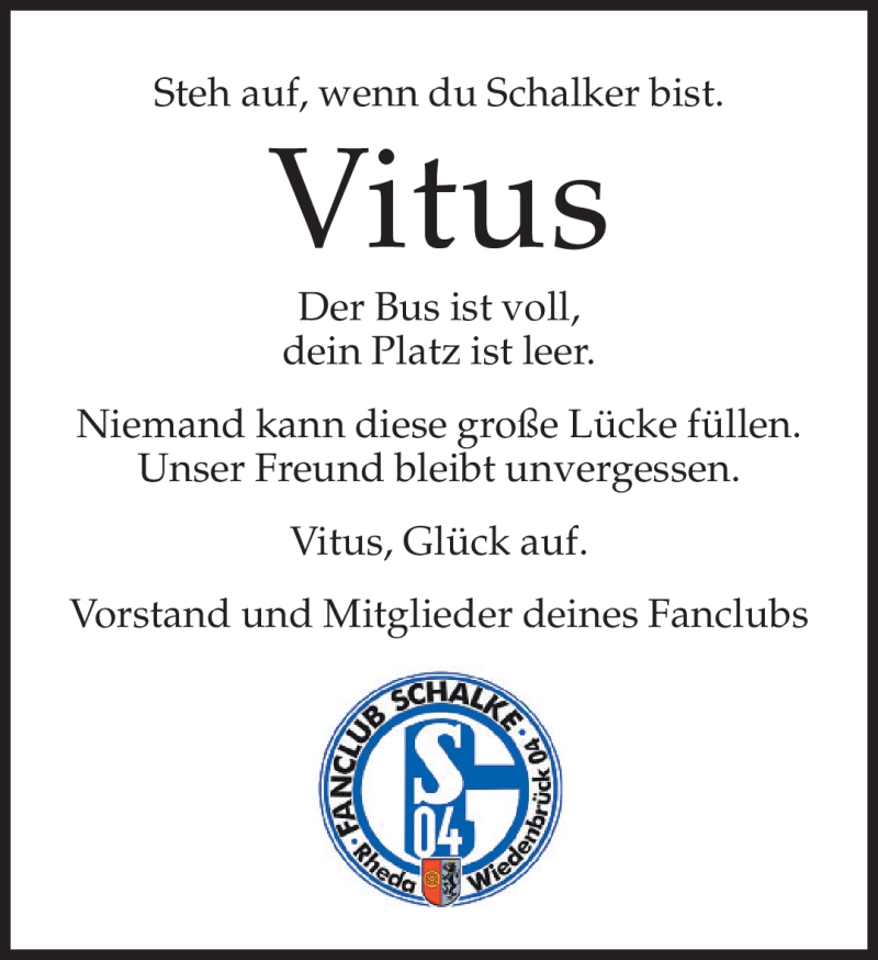  Traueranzeige für Vitus  vom 13.06.2012 aus Neue Westfälische