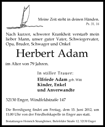 Traueranzeige von Herbert Adam von Neue Westfälische