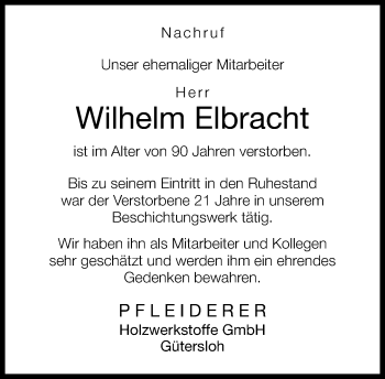Traueranzeige von Wilhelm Elbracht von Neue Westfälische