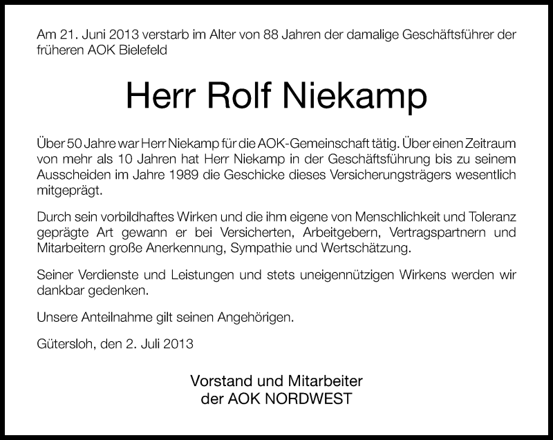  Traueranzeige für Rolf Niekamp vom 03.07.2013 aus Neue Westfälische