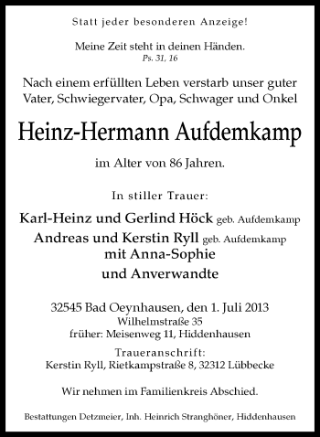 Traueranzeige von Hein-Herman Aufdemkamp von Neue Westfälische