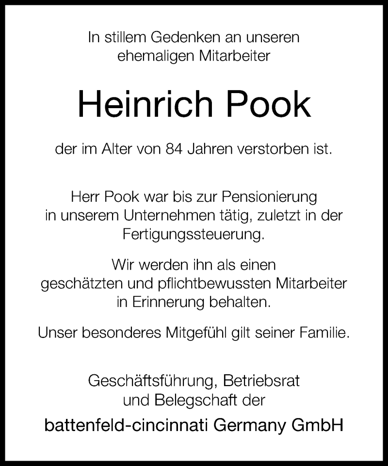  Traueranzeige für Heinrich Pook vom 19.06.2015 aus Neue Westfälische