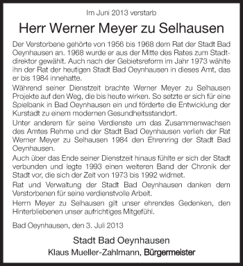Traueranzeige von Werner Meyer zu Selhausen von Neue Westfälische