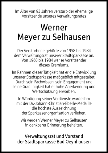 Traueranzeige von Werner Meyer zu Selhausen von Neue Westfälische