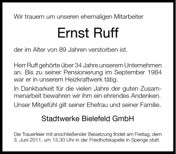 Traueranzeige von Ernst Ruff von Neue Westfälische