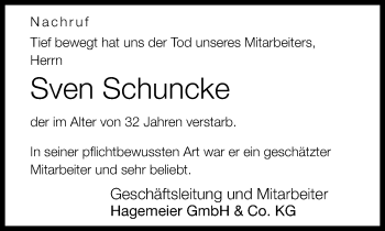 Traueranzeige von Sven Schuncke von Neue Westfälische