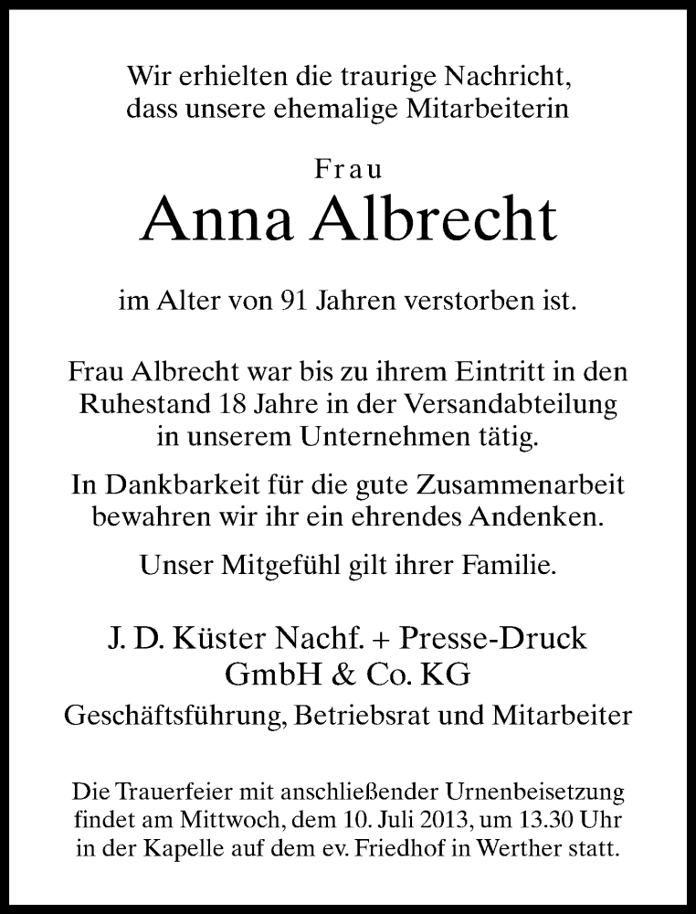  Traueranzeige für Anna Albrecht vom 06.07.2013 aus Neue Westfälische
