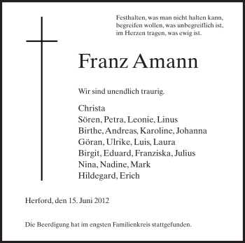 Traueranzeige von Franz Amann von Neue Westfälische