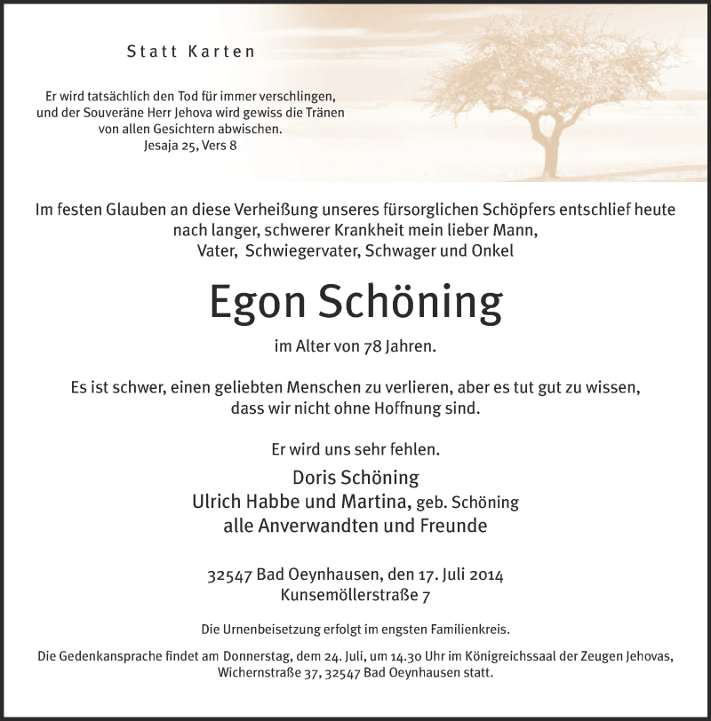  Traueranzeige für Egon Schöning vom 19.07.2014 aus Neue Westfälische