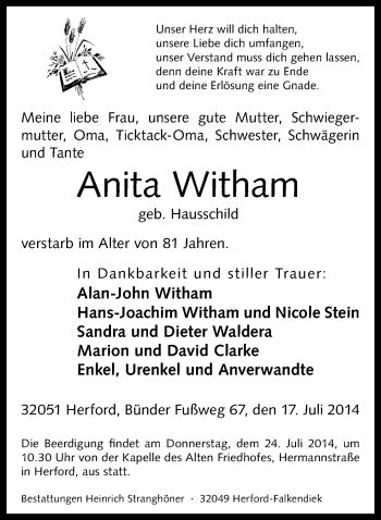 Traueranzeige von Anita Witham von Neue Westfälische