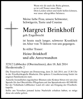 Traueranzeige von Margret  Brinkhoff von Neue Westfälische