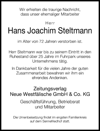 Traueranzeige von Hans-Joachim Steltmann von Neue Westfälische